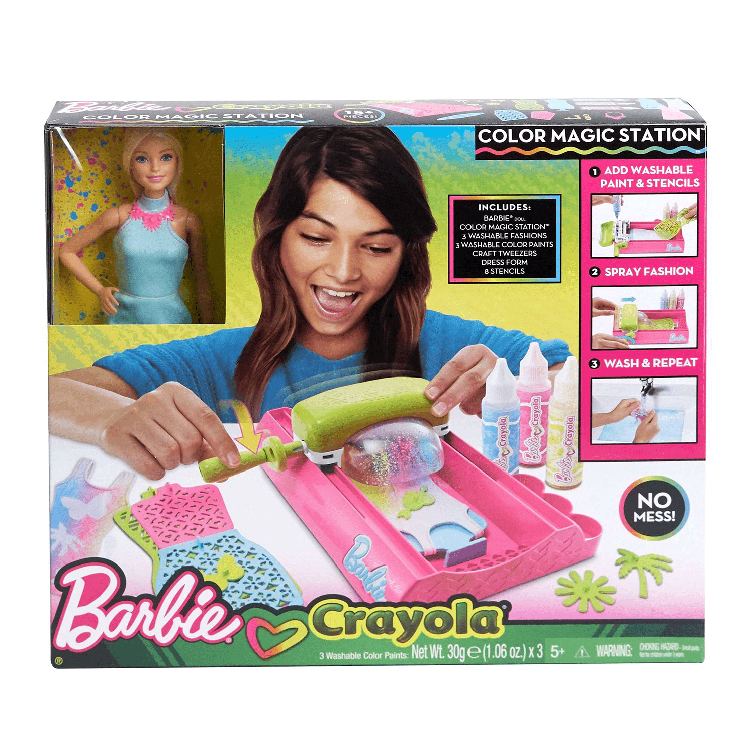 Barbie Crayola packaging front - girl making fashion designs - color magic station